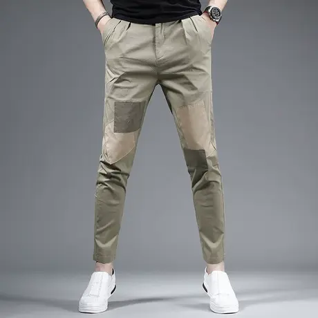 军绿色裤子男款夏季薄款九分休闲裤补丁拼接潮流男士裤子修身小脚商品大图