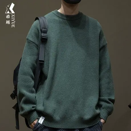 希越纯色简约百搭针织毛衣男秋冬650g重磅宽松大码胖子军绿色毛衫商品大图