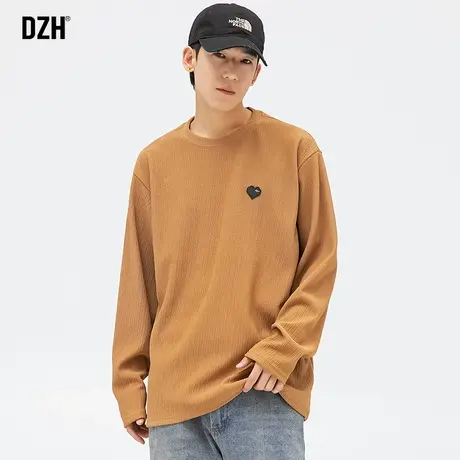 男士黄色t恤男长袖潮牌宽松褶皱上衣休闲男装打底衫秋衣男款内搭商品大图