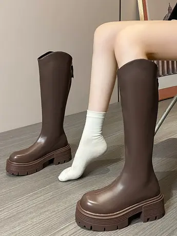 不过膝长靴女2023秋季新款后拉链粗跟圆头厚底高筒靴女长筒骑士靴图片