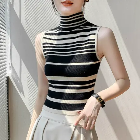 高领撞色条纹针织背心女2025春季新品多巴胺穿搭修身内搭无袖上衣商品大图