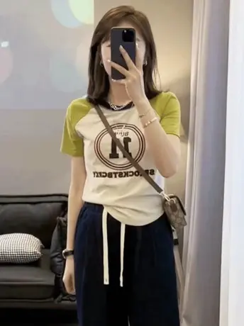 短袖t恤女新款夏季大码胖mm设计感小众洋气减龄撞色短款上衣200斤商品大图