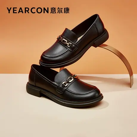 意尔康女鞋春季新款真皮纯色粗跟女士乐福鞋潮流时尚百搭女单鞋图片