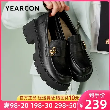 意尔康女鞋2024新款春季乐福鞋女真皮厚底小皮鞋粗跟单鞋高跟花瓣商品大图