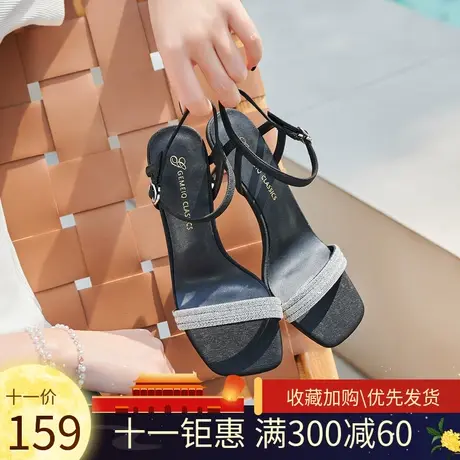 戈美其2023夏新款凉鞋时尚单鞋水钻法式优雅细根一字带后空高跟鞋图片