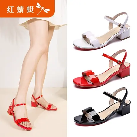 红蜻蜓女凉鞋夏季真皮妈妈鞋中跟粗跟时尚百搭罗马一字带凉鞋女夏图片