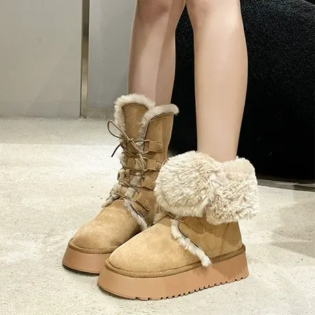 厚底雪地靴女款2023新款冬季女鞋中筒马丁加绒加厚女士东北大棉鞋图片