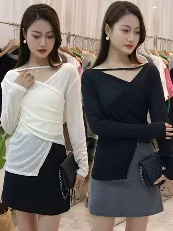 新款v领不规则长袖t恤女装2023夏季薄款百搭开叉设计感小众上衣潮商品大图