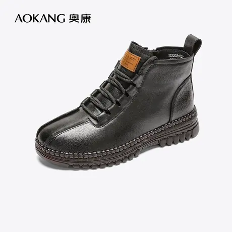 【门店发货】奥康女鞋 2022冬季新款真皮时装短靴加绒保暖平底商品大图