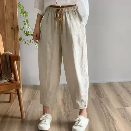 dza 高腰显瘦亚麻休闲裤女夏季薄款直筒裤宽松阔腿直筒棉麻哈伦裤图片