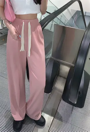 粉色冰丝阔腿裤女夏季薄款2023年新款高腰垂感宽松直筒运动休闲裤商品大图