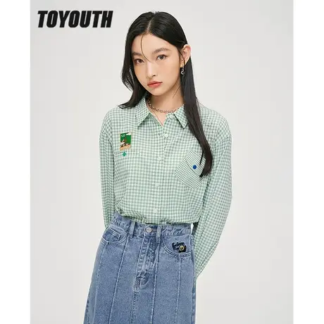 TOYOUTH初语新款衬衫女秋季田园绿白格撞色纽扣柔软长袖上衣商品大图