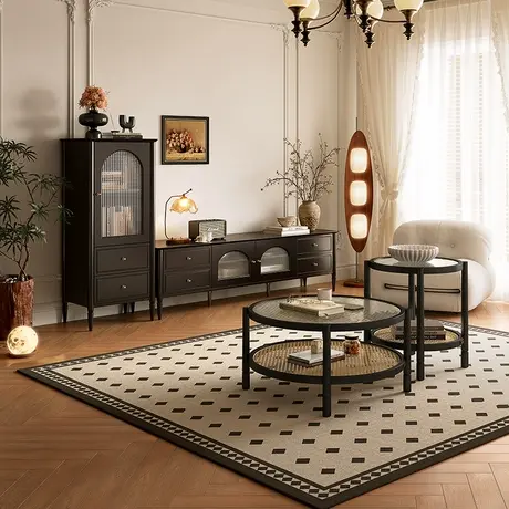 全友家居法式复古风客厅圆形茶几沙发旁实木脚小边几组合图片