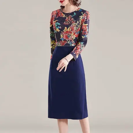 水墨青华2023秋装新品时尚女装百搭打底裙修身显瘦蕾丝花色连衣裙图片