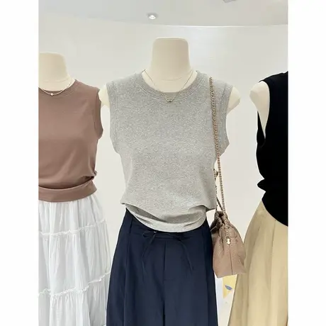 春夏百搭简约小众纯色韩系圆领修身显瘦短款背心外穿吊带女装上衣图片