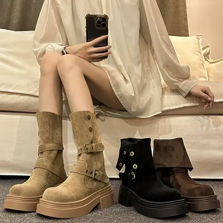 美拉德靴子马丁靴女款2024新款英伦风秋冬中筒瘦瘦靴两穿厚底短靴图片