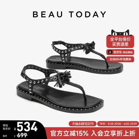 BeauToday平底时装凉鞋女2025新款春季真皮罗马凉鞋法式度假凉鞋图片