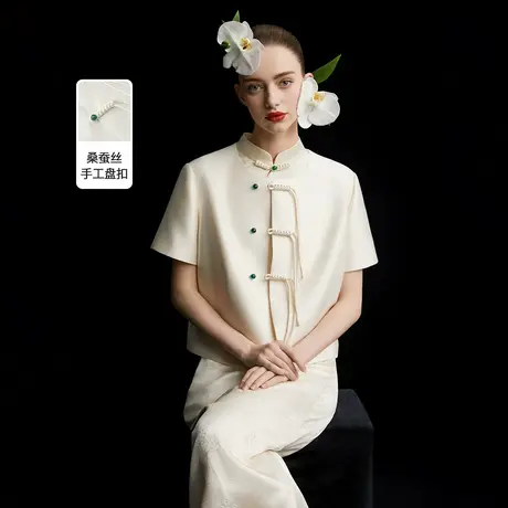 【兰亭叙】朗姿新中式桑蚕丝盘扣圆领2025年夏季新款白色短外套女图片