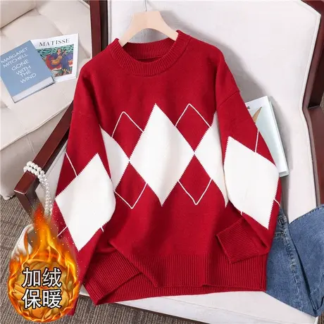 女士红色本命年毛衣女加绒加厚2023年新款爆款打底衫宽松内搭女装图片