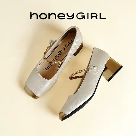 honeyGIRL粉色法式玛丽珍鞋女2025新款夏季配裙子浅口粗跟单鞋子商品大图