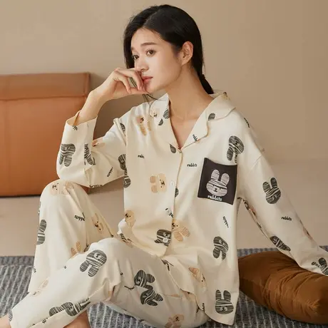 秋鹿柔软舒适纯棉睡衣女款春秋季可爱萌兔印花长袖长裤家居服套装商品大图