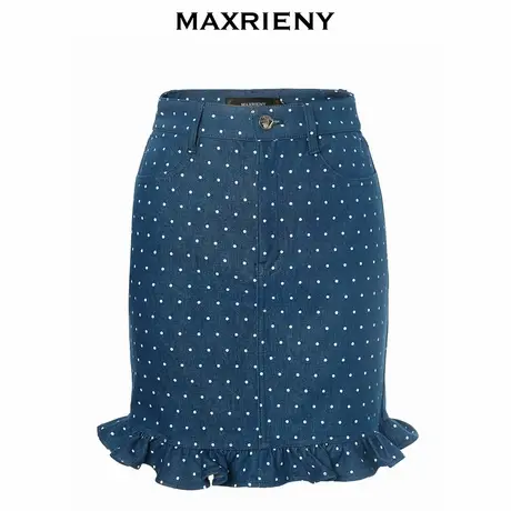 【奥莱】MAXRIENY波点牛仔半身裙木耳边牛仔短裙高腰夏季裙子图片