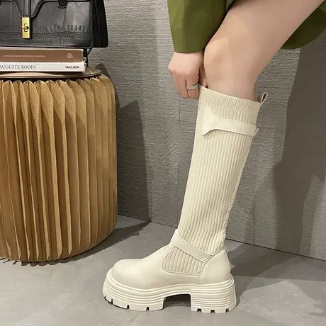 永希长筒靴女春秋新款时尚针织弹力袜靴女小个子粗跟厚底高筒靴女图片