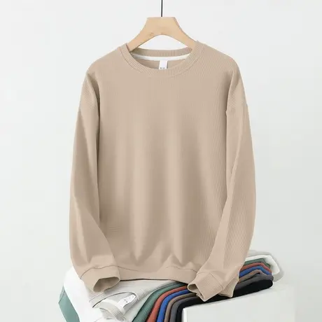 新品华夫格卫衣男士春秋款套头无帽上衣服潮流秋冬季加绒加厚长袖商品大图