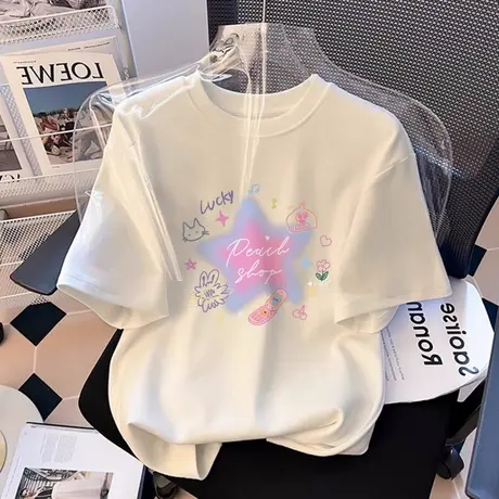 白色可爱卡通印花短袖t恤2025新款爆款夏季宽松大码女孩半袖上衣图片