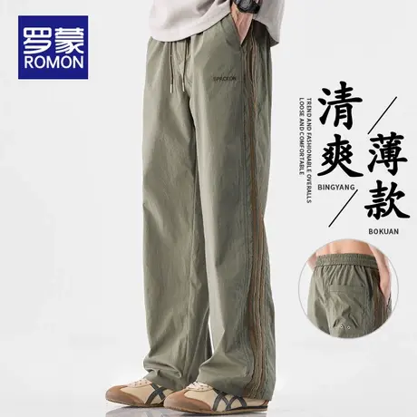 罗蒙男士休闲裤夏季薄款宽松2025新款冰丝条纹拼接潮牌直筒裤子男商品大图