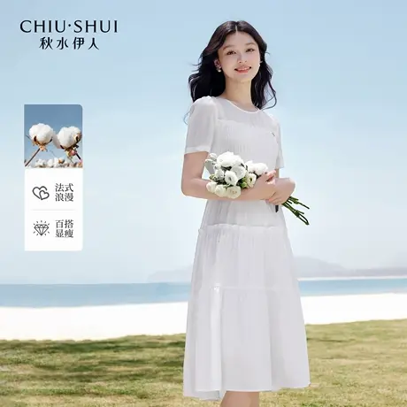 秋水伊人气质圆领裙子2025年夏季新款女通勤百搭时尚微透视连衣裙商品大图