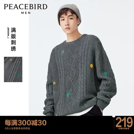 太平鸟男装 2023年满版刺绣羊毛衫宽松休闲毛衣套头针织衫上衣潮商品大图