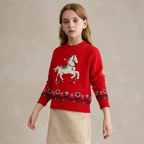 Q【50.1%绵羊毛】亲子装儿童羊毛衫新年加厚半高领中国风宽松毛衣图片