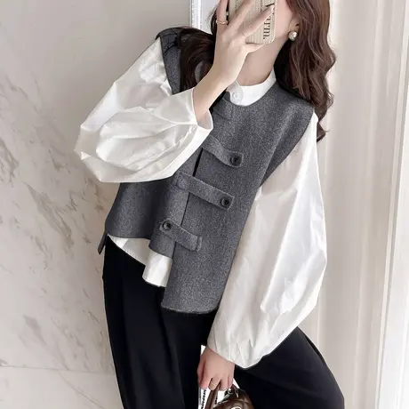 唐狮秋冬设计感扣袢简约开衫马甲女春秋外穿高级感百搭instu图片