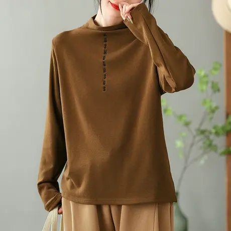 dza复古半高领字母内搭T恤女秋冬洋气打底衫休闲长袖宽松短款上衣商品大图