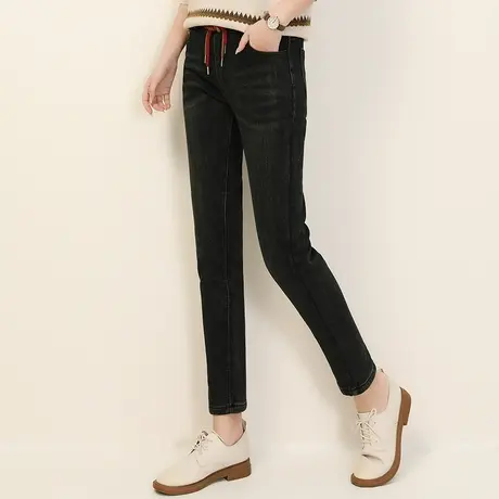 新品8.5折】松紧腰复古加绒牛仔裤子女显瘦哈伦长裤子厚商品大图