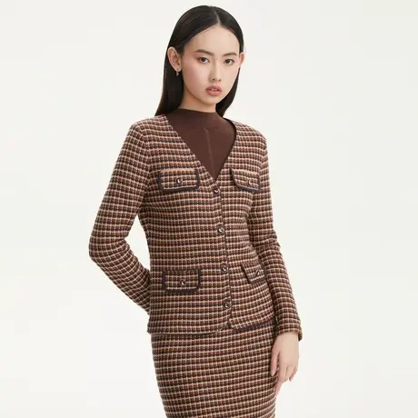 LANCY/悦朗姿秋季新款羊毛格纹针织开衫外套长袖收腰V领女商品大图