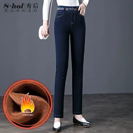 松紧妈妈牛仔裤2022年秋冬新款高腰宽松弹力中老年加绒直筒裤子女商品大图