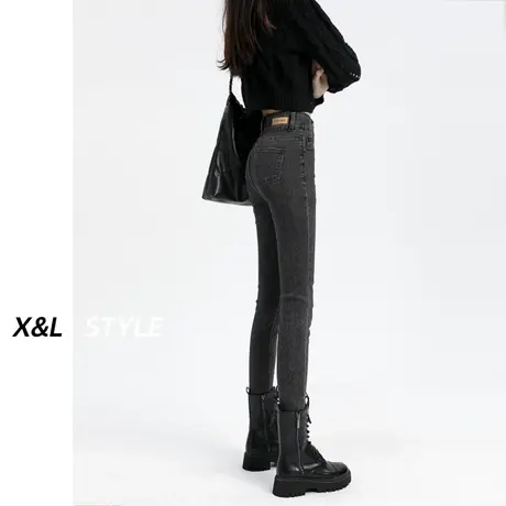 黑灰色小脚牛仔裤女秋冬季2023新款美式复古显瘦加绒紧身铅笔裤子商品大图