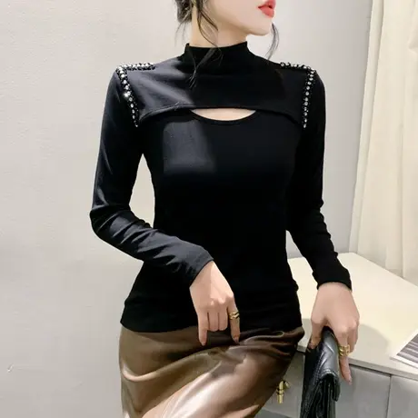 秋冬新款黑色镂空T恤女长袖性感立领烫钻拼接上衣洋气修身打底衫商品大图