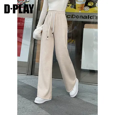DPLAY2023年冬新休闲风撞色抽绳设计杏色加绒加厚直筒阔腿裤商品大图