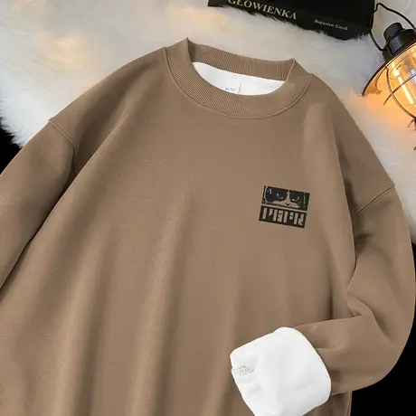 450g重磅圆领卫衣男秋冬款加绒加厚保暖无帽长袖t恤摇粒绒套头衫商品大图