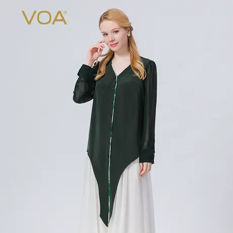 VOA真丝30姆米重磅绿V领印花撞色包边单排多扣纯色百搭桑蚕丝衬衫图片