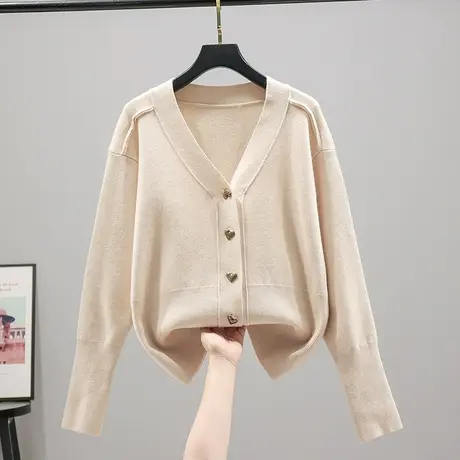 2023春秋新款V领长袖针织衫开衫纯色外套女百搭上衣毛衣韩版宽松商品大图