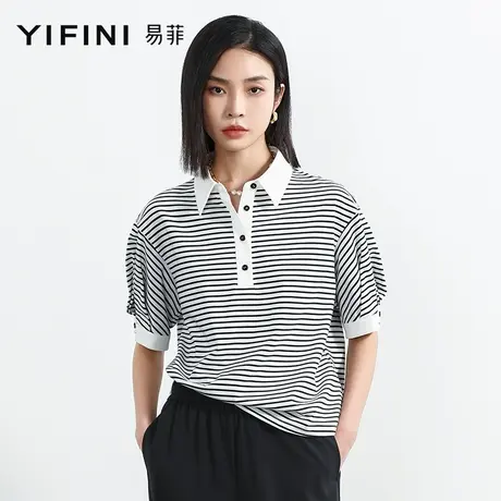 Yifini/易菲纯棉条纹短袖翻领宽松POLO衫女夏季新款休闲T恤商品大图