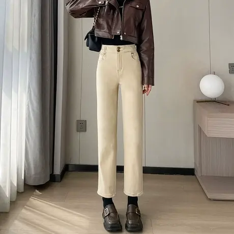 杏色加绒直筒牛仔裤女2023冬季新款高腰弹力修身九分小个子烟管裤图片