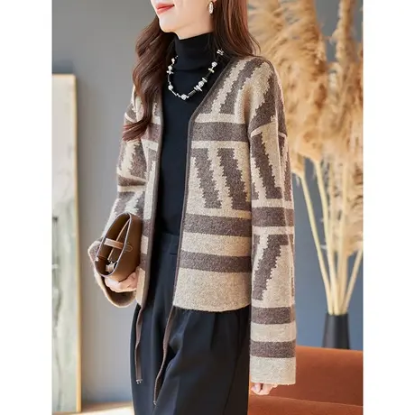 宝诗黎V领提花条纹针织短外套女复古宽松上衣开衫2023秋冬季新款商品大图