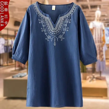 胖妈妈夏装棉麻上衣洋气中年大码女装小衫宽松绣花妈妈装短袖T恤商品大图