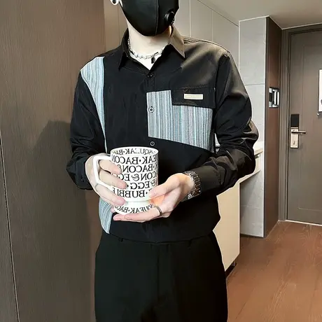 设计感条纹拼接长袖衬衫男2023秋季新款商务休闲衬衣小众通勤上衣商品大图