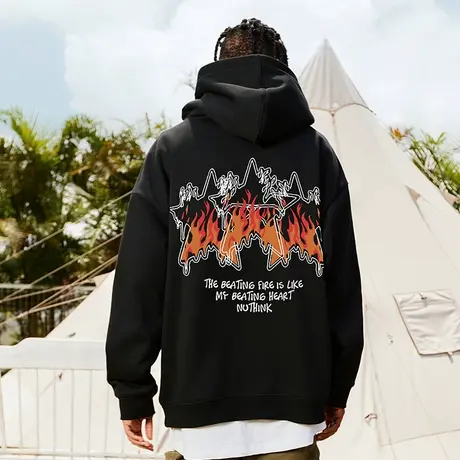 Nuthink欧美潮牌火焰加绒连帽卫衣男潮宽松大码春季保暖情侣外套商品大图